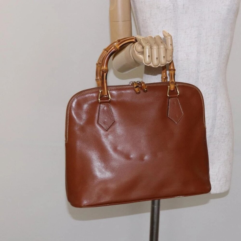 GUCCI Bamboo Hand Bag Leather Brown Gold